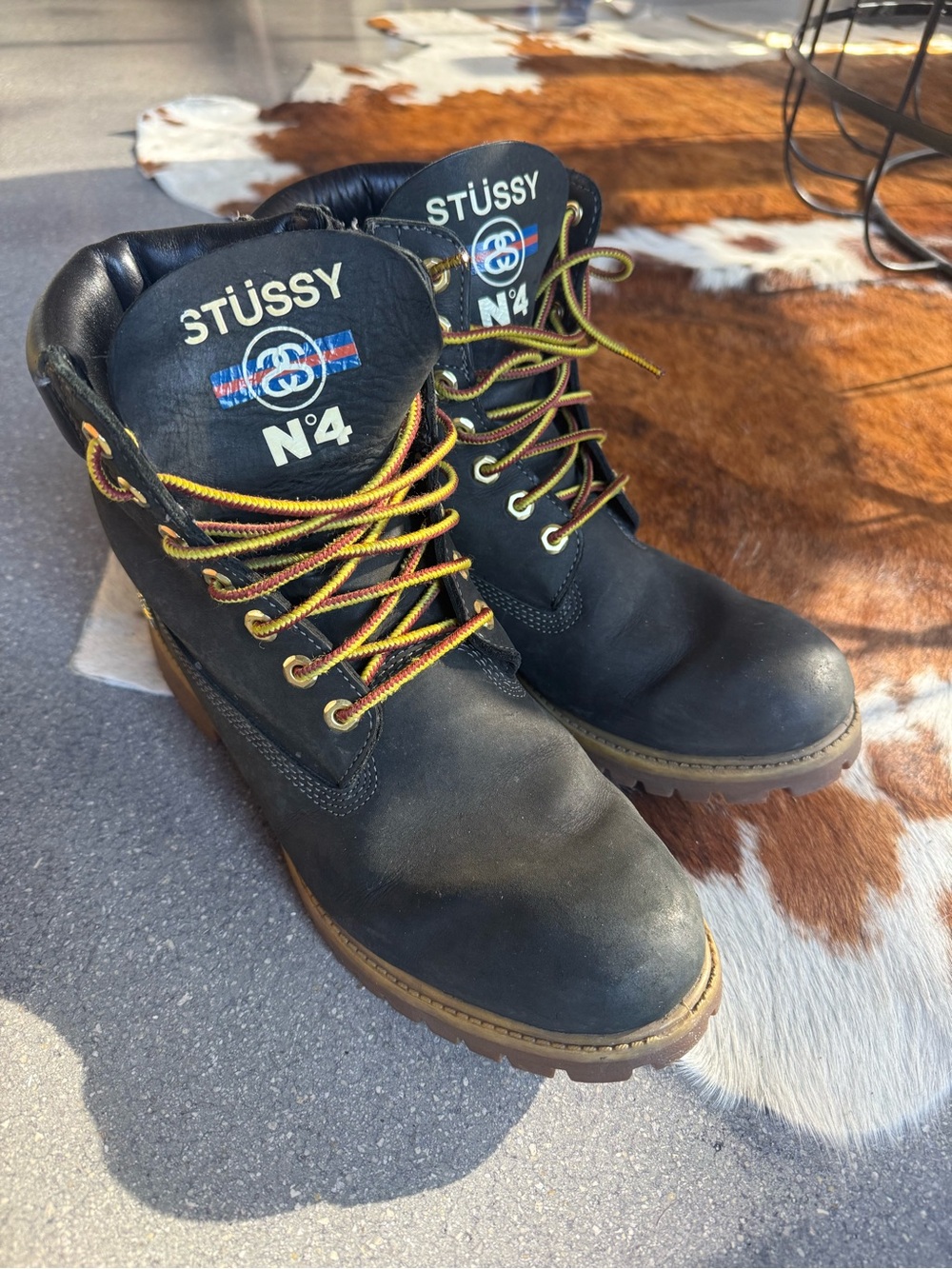 Stussy Black Leather N°4 Work Boots with Multicolor Laces